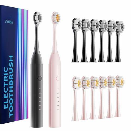 Cozy Serene - 2 Pack Electric Toothbrush Set Comes With 12 Brush Heads & 5 Modes Minutes Built In Smart Timer One - Black and Pink