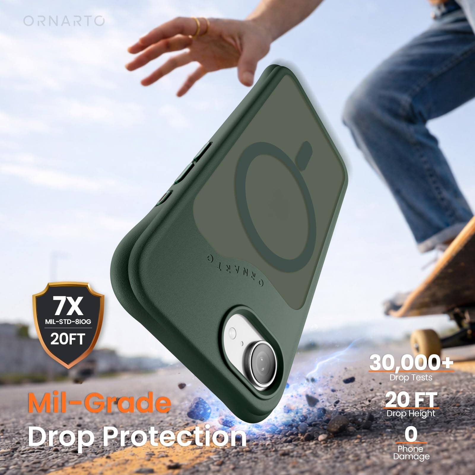 ORNARTO  
GEAVKLO  
7X MIL-STD-810G  
20FT  
Mil-Grade Drop Protection  
30,000+ Drop Tests  
20 FT Drop Height  
0 Phone Damage