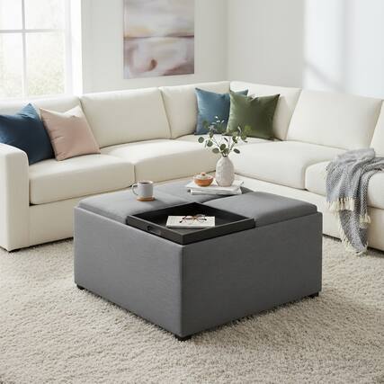Front. Simpli Home - Avalon 35 inch Wide Solid Wood Coffee Table Storage Ottoman, Flint Grey - Flint Grey.