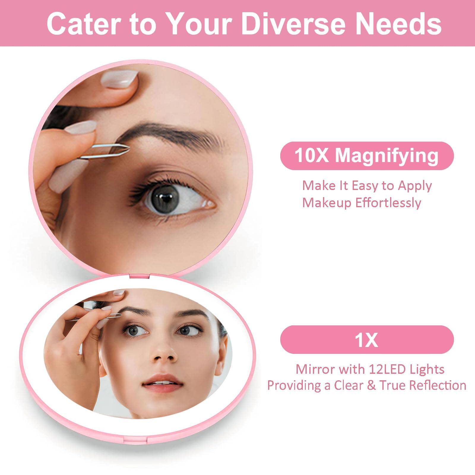 Cater to Your Diverse Needs

10X Magnifying  
Make It Easy to Apply Makeup Effortlessly

1X  
Mirror with 12LED Lights  
Providing a Clear & True Reflection