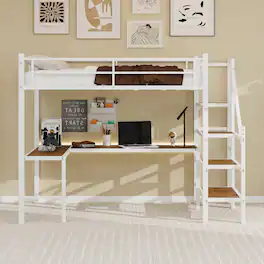 Loheer - Twin Size Iron and Wood Loft Bed with Built In Desk Space Saving Compact Frame - White