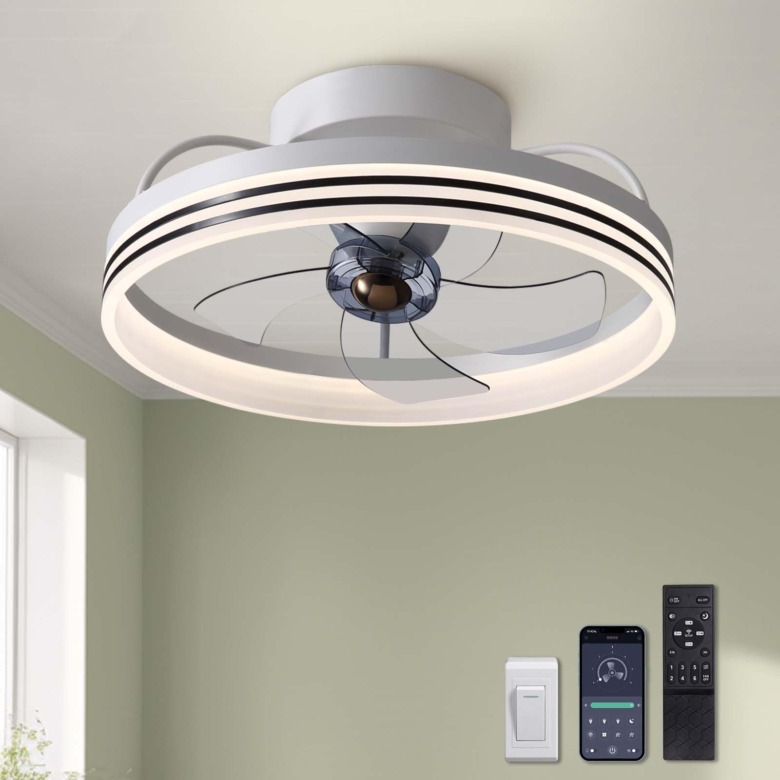 Front. Siljoy - 20" Smart Ceiling Fan with Light: 360° Rotate for Bedroom/Dining Room - White.