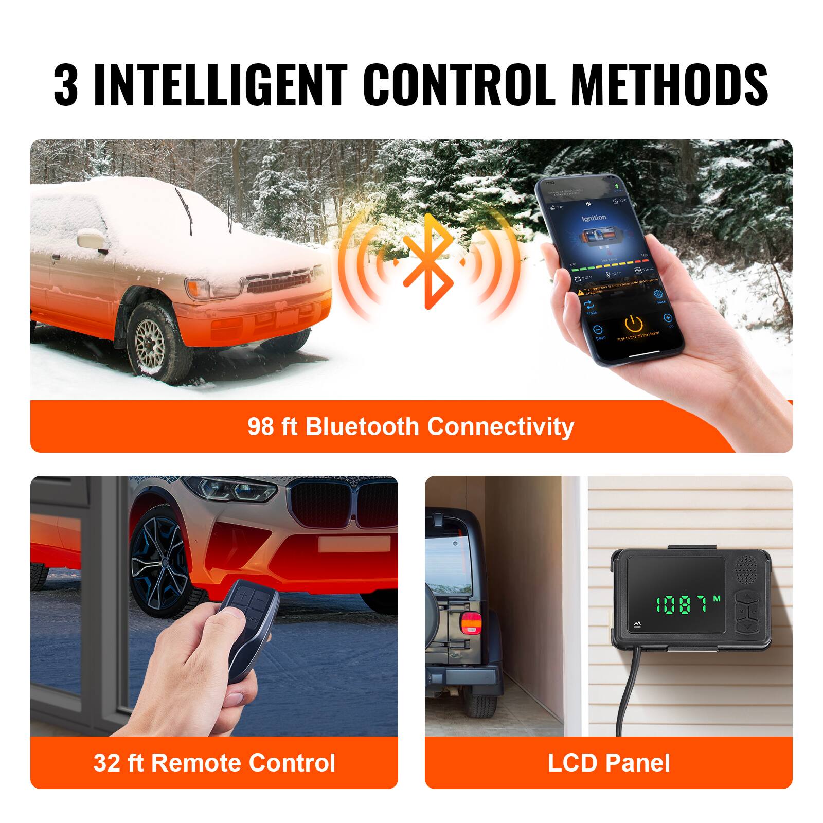 3 INTELLIGENT CONTROL METHODS

- 98 ft Bluetooth Connectivity
- 32 ft Remote Control
- LCD Panel