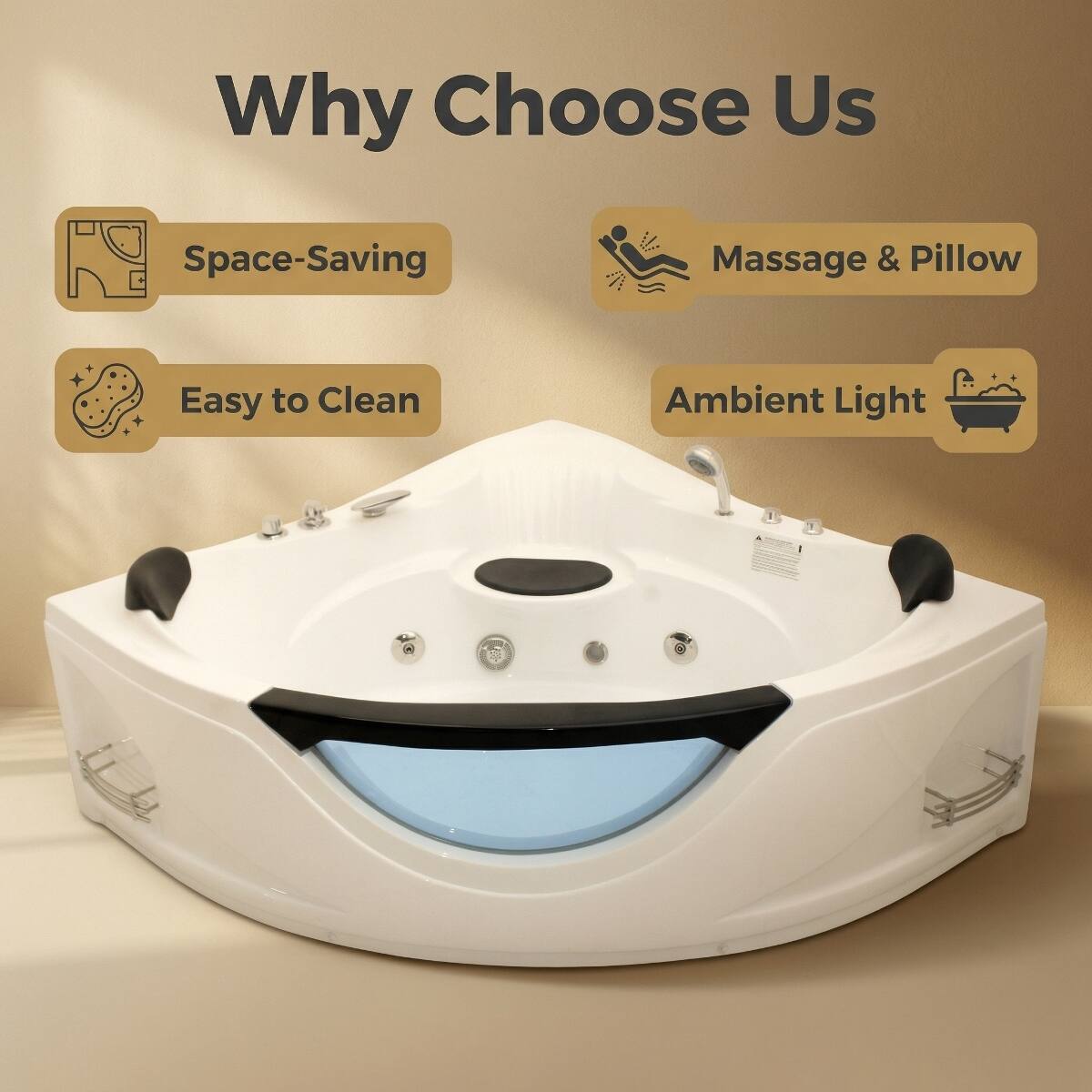 Why Choose Us

- Space-Saving
- Easy to Clean
- Massage & Pillow
- Ambient Light