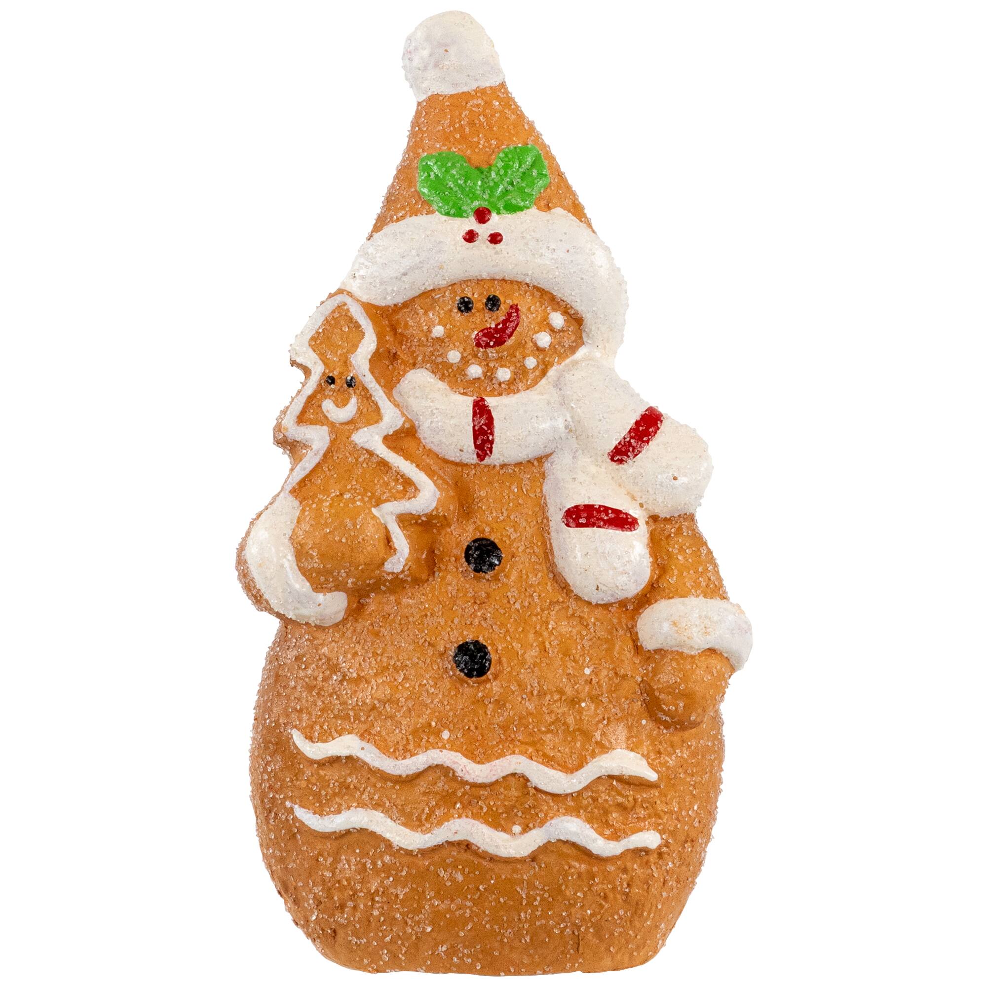 Front. Northlight - Frosted Gingerbread Snowman with Cookie Tree Christmas Figurine - 5.75" - Brown.