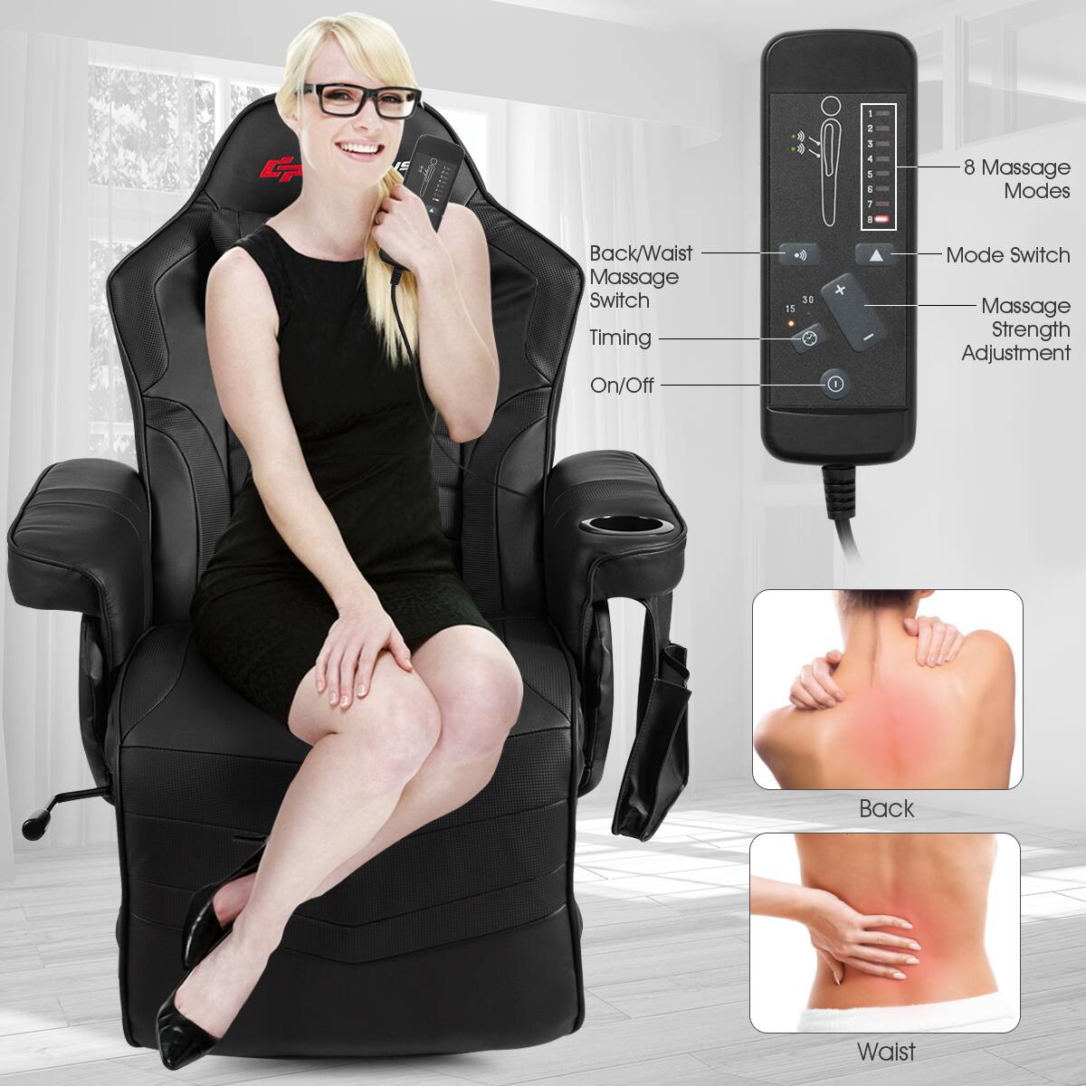 The text on the image reads:
1. 8 Massage Modes
2. Back/Waist Massage
3. Switch
4. Timing On/Off
5. 15/30 Minutes
6. Mode Switch
7. Massage Strength Adjustment
8. Back/Waist
The text has been grouped and corrected to provide a clear description of the features of the massage chair.