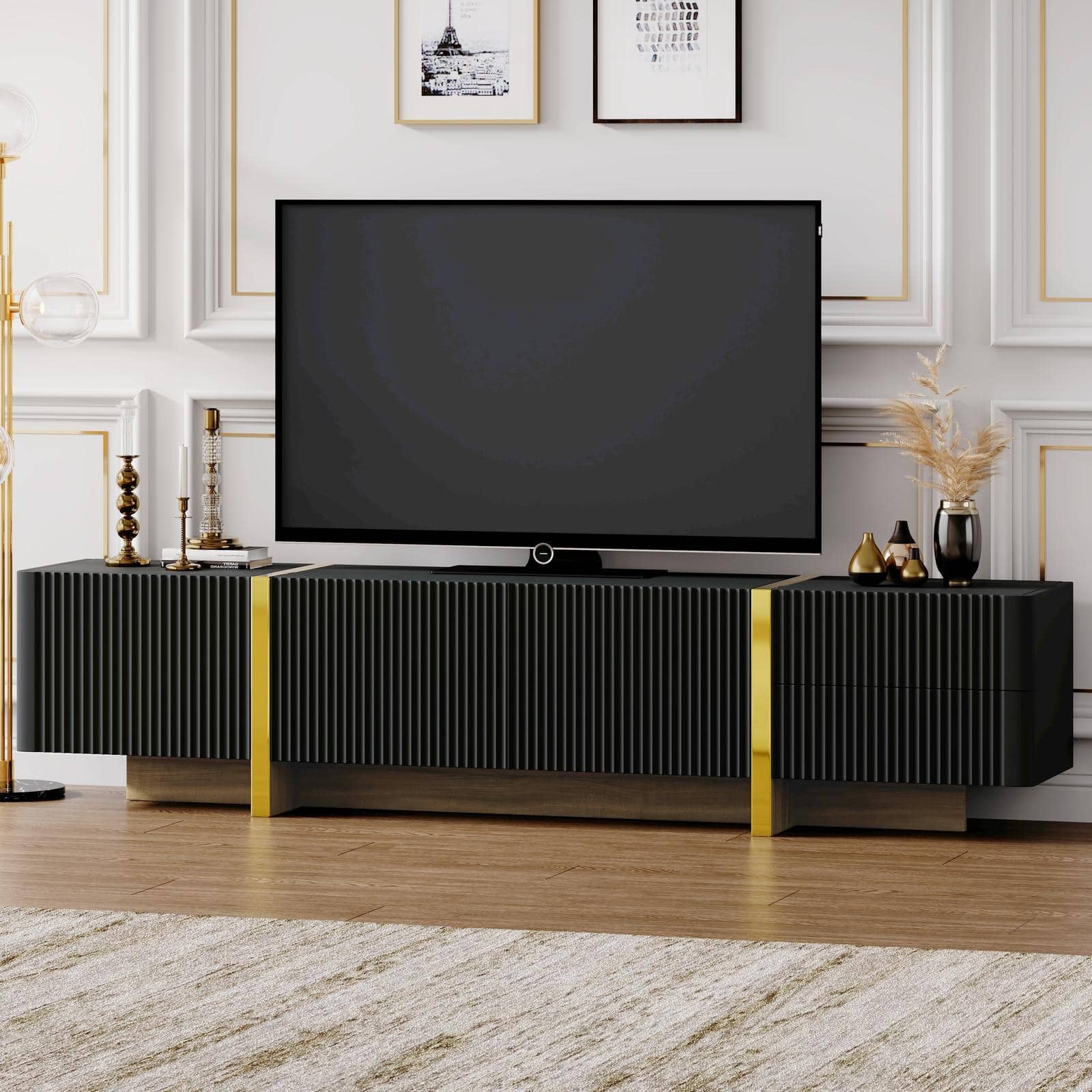 Spaco - Fluted TV Stand for 80" TVs, Storage Cabinets and Drawers, Golden Wood Grain Legs, Luxury Console for Living Room - Black