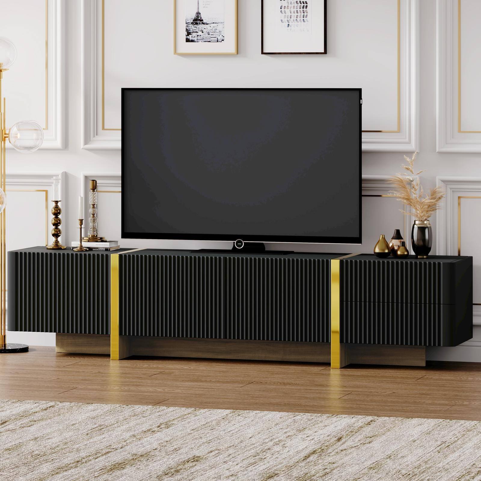 Spaco - Fluted TV Stand for 80" TVs, Storage Cabinets and Drawers, Golden Wood Grain Legs, Luxury Console for Living Room - Black