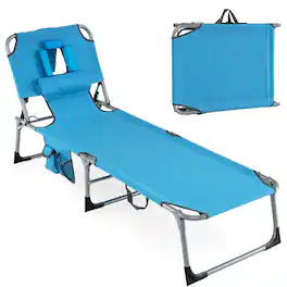 Costway - Outdoor Beach Lounge Chair Folding Chaise Lounge with Pillow - Blue