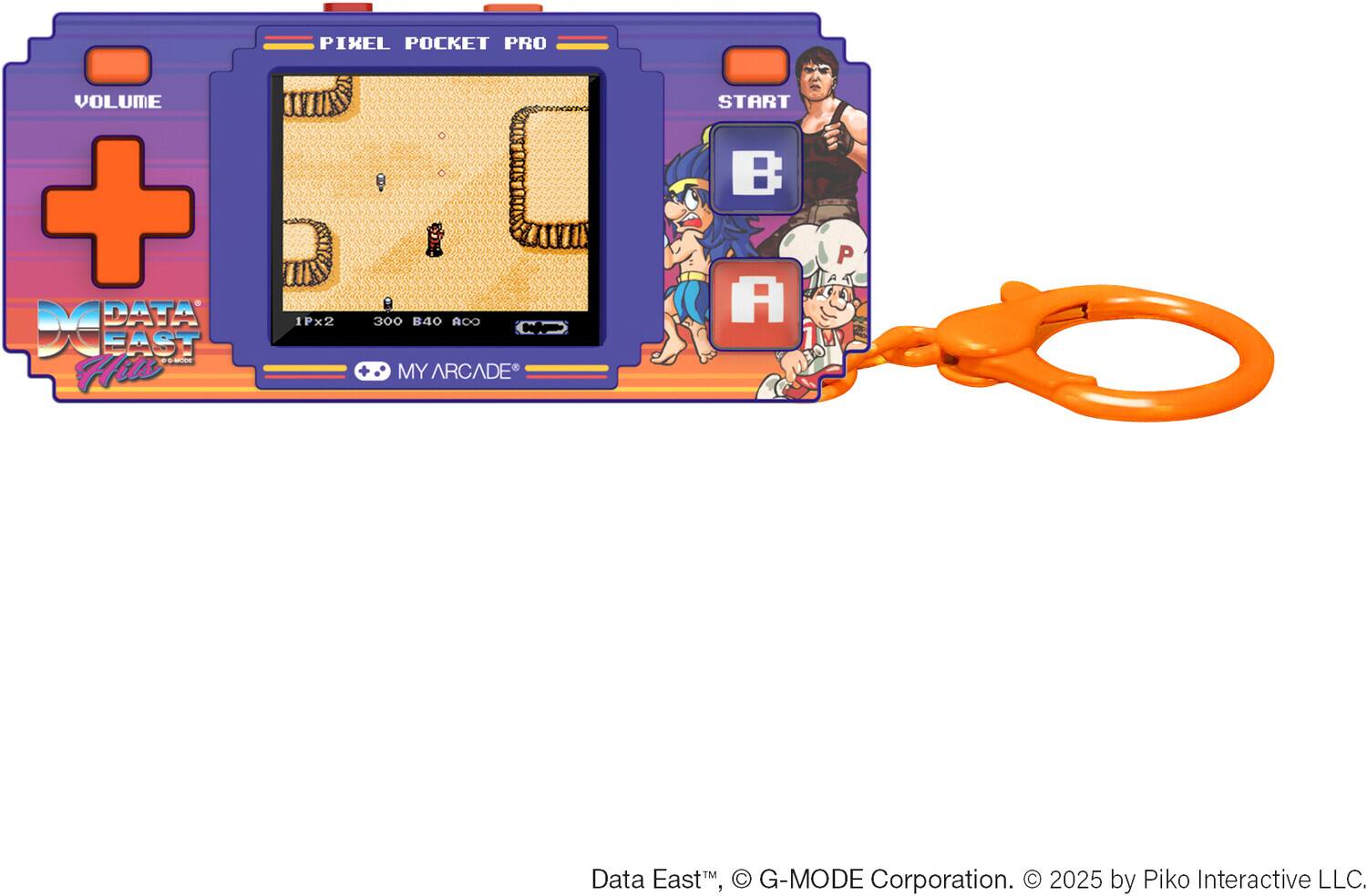 Sure, here is the corrected and grouped text from the image:

---

**PIXEL POCKET PRO**

**VOLUME**  
**1Px2 300 B40**

**DATA EAST**  
**Hits**

**MY ARCADE**

**G-MODE**  
**Piko Interactive LLC.**

**Data East™**, **© G-MODE Corporation.**  
**© 2025 by Piko Interactive LLC.**

---

**START**  
**A**  
**B**  
**P**  
**C**  
**D**

---

**DC DATA EAST**  
**Hits**

---

**1Px2 300 B40**

---

**MY ARCADE**

---

**G-MODE**  
**Piko Interactive LLC.**

---

**Data East™**, **© G-MODE Corporation.**  
**© 2025 by Piko Interactive LLC.**