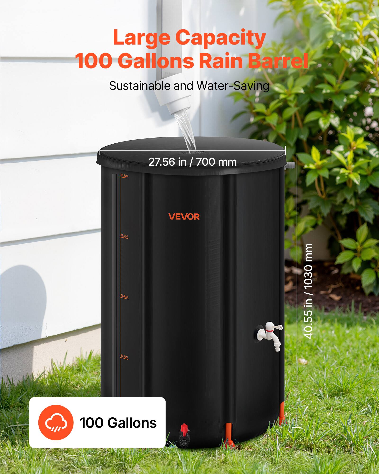 Large Capacity 100 Gallons Rain Barrel Sustainable and Water-Saving

27.56 in / 700 mm

40.55 in / 1030 mm

VEVOR

100 Gallons