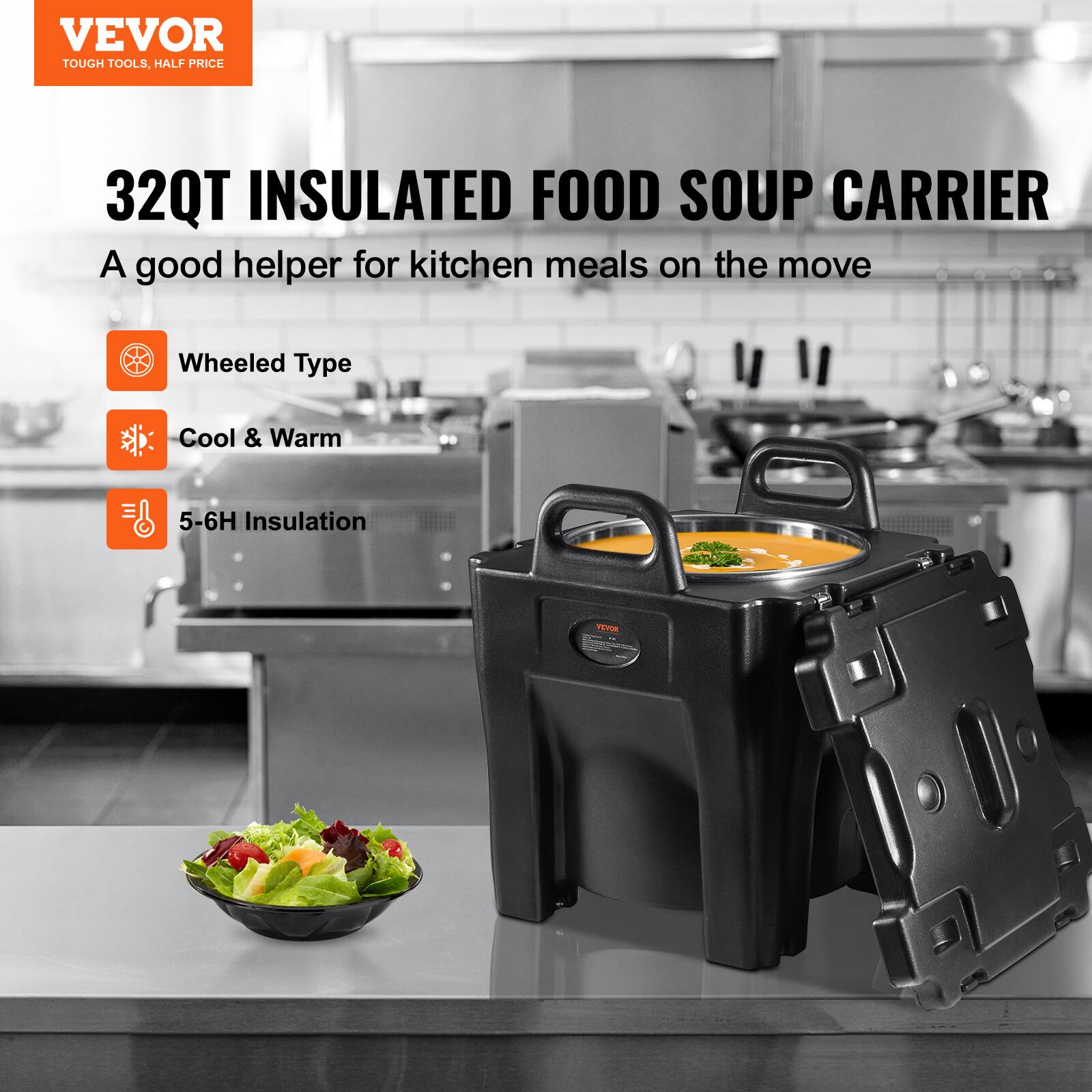 VEVOR TOUGH TOOLS. HALF PRICE

32QT INSULATED FOOD SOUP CARRIER
A good helper for kitchen meals on the move

Wheeled Type
Cool & Warm
5-6H Insulation
PER Ss