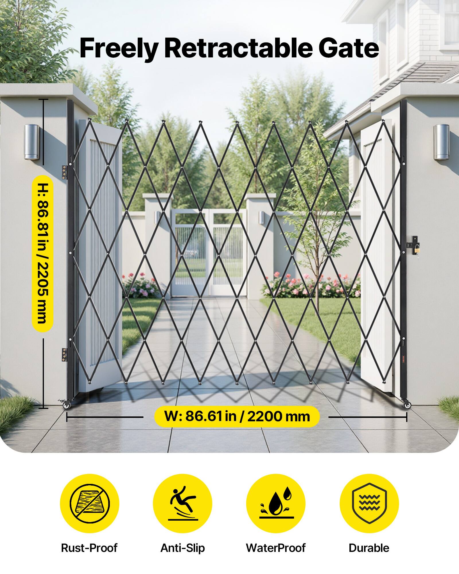 Freely Retractable Gate  
H: 86.81 in / 2205 mm  
W: 86.61 in / 2200 mm  

Rust-Proof  
Anti-Slip  
WaterProof  
Durable