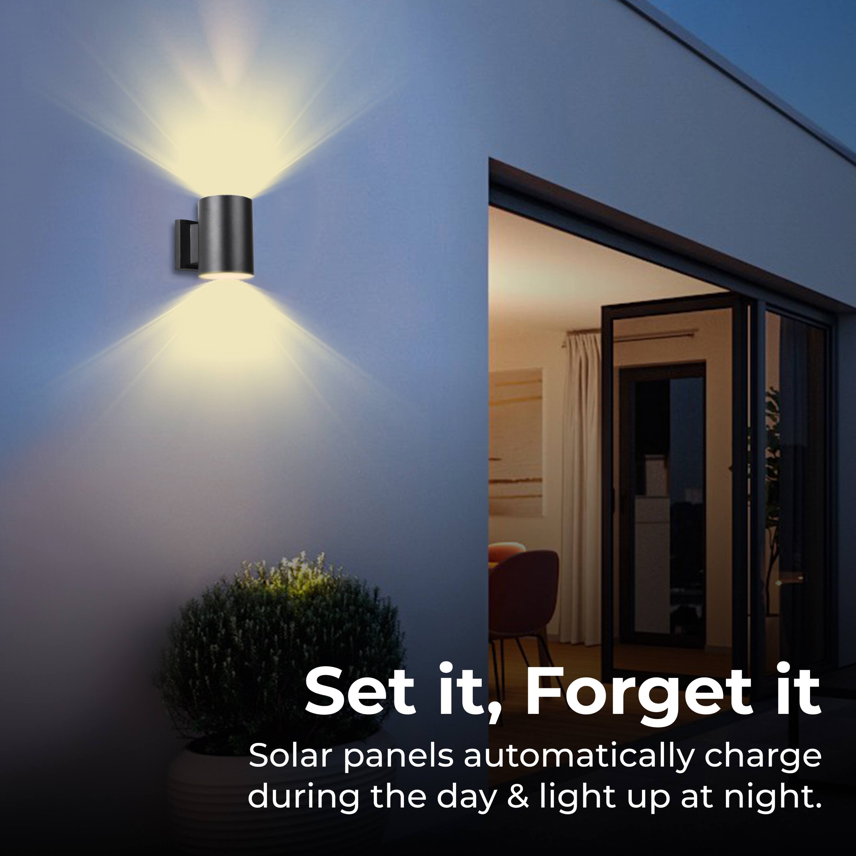 Set it, Forget it. Solar panels automatically charge during the day & light up at night.