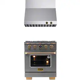 Kucht - 30 in. 4.2 cu. ft. 4 Burners Dual Fuel Range for Natural Gas in Stainless Steel and Gold + Wall Mount Range Hood - Stainless Steel with Gold Accents
