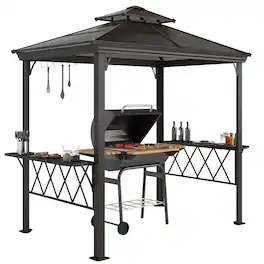 Outsunny - 9 x 5 ft. Grill Gazebo, Hardtop BBQ Gazebo Canopy with 2-Tier Polycarbonate Roof, Shelves, Serving Tables - Coffee