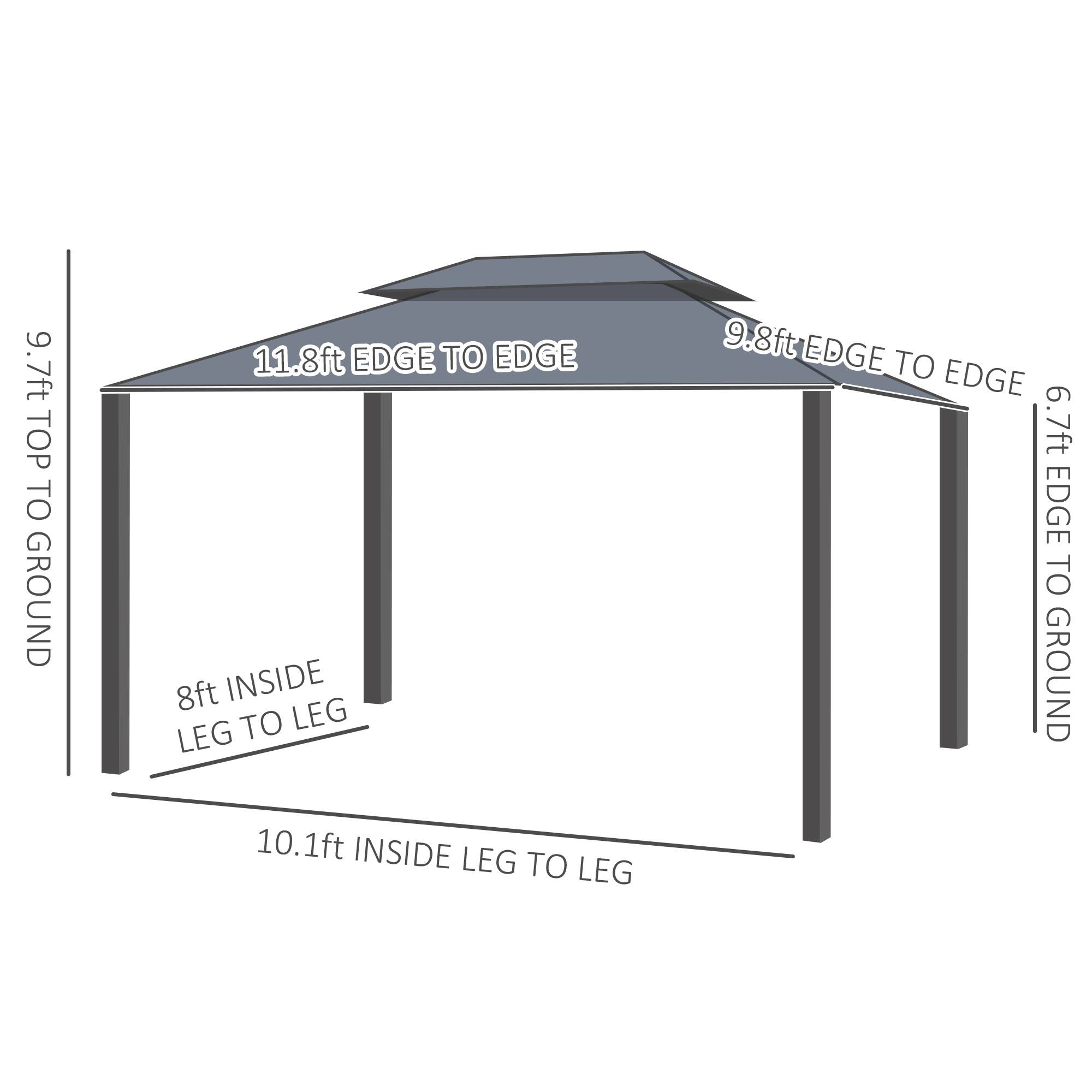 9.7ft TOP TO GROUND  
11.8ft EDGE TO EDGE  
8ft INSIDE LEG TO LEG  
10.1ft INSIDE LEG TO LEG  
9.8ft EDGE TO EDGE  
6.7ft EDGE TO GROUND