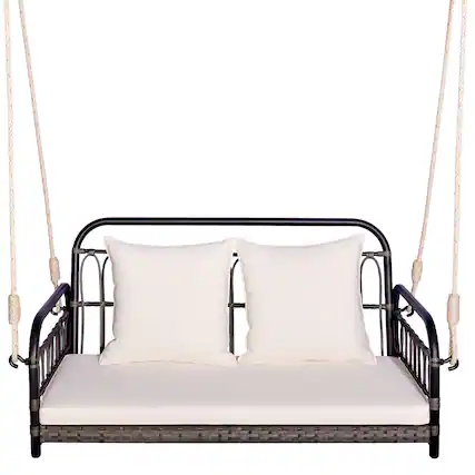 Front. Gymax - Gymax Outdoor Wicker Porch Swing 2-Person Hanging Seat w/ Seat & Back Cushions Backyard - Mix Gray, White.