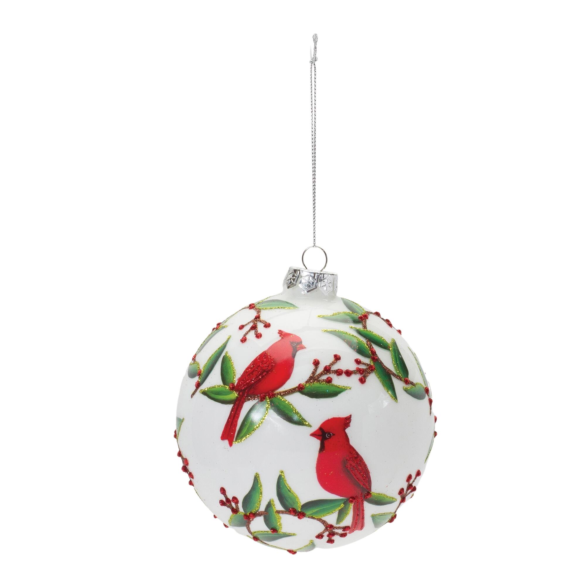 Angle. BreeBe - Cardinal Bird Ball Ornament (Set of 6) - Green, White, Red.