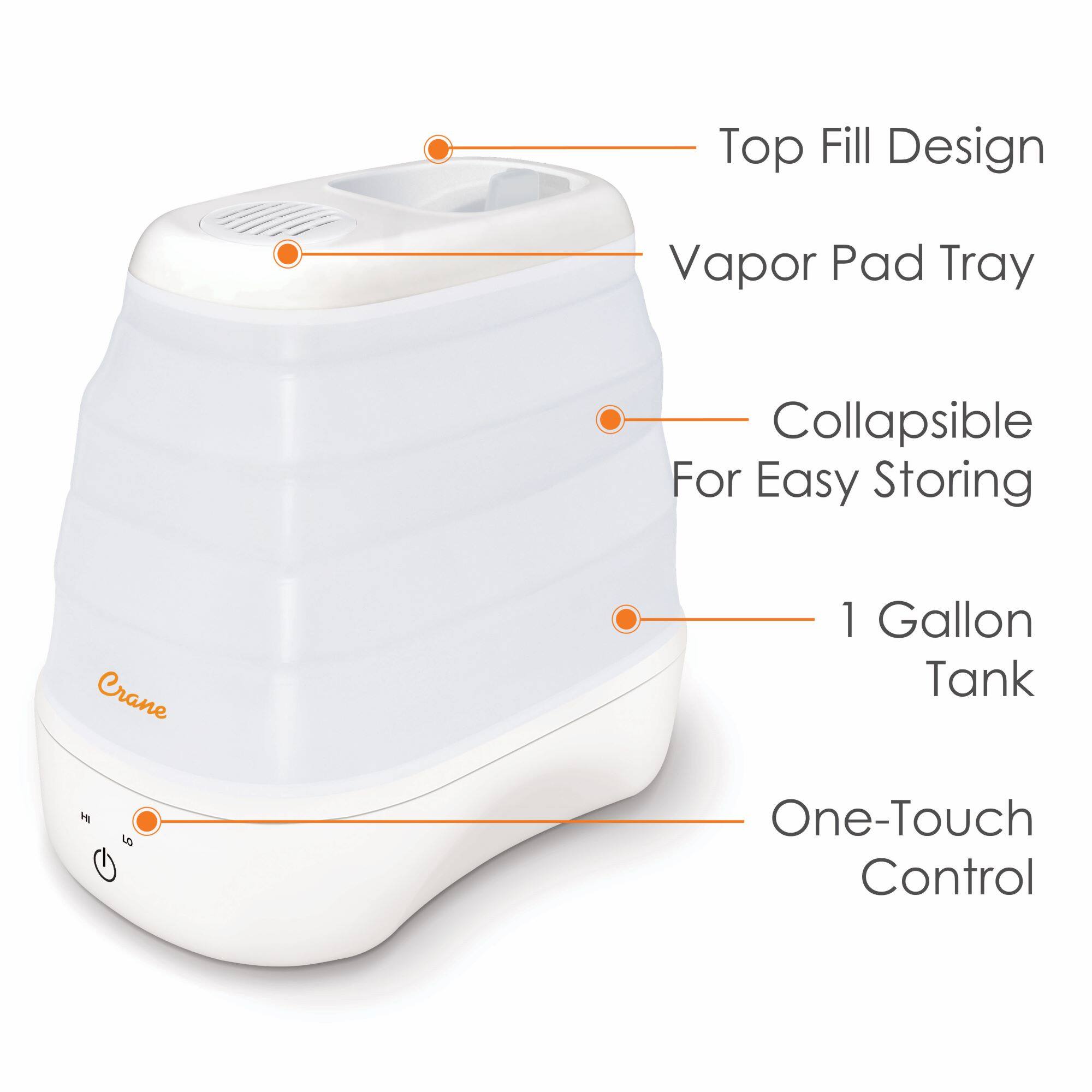 Top Fill Design, Vapor Pad Tray, Collapsible For Easy Storing, Crane, 1 Gallon Tank, One-Touch Control