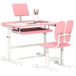 Qaba - Kids Desk and Chair Set, Height Adjustable, School Study Desk and Chair, Tilt Desktop, Storage Drawer - Pink