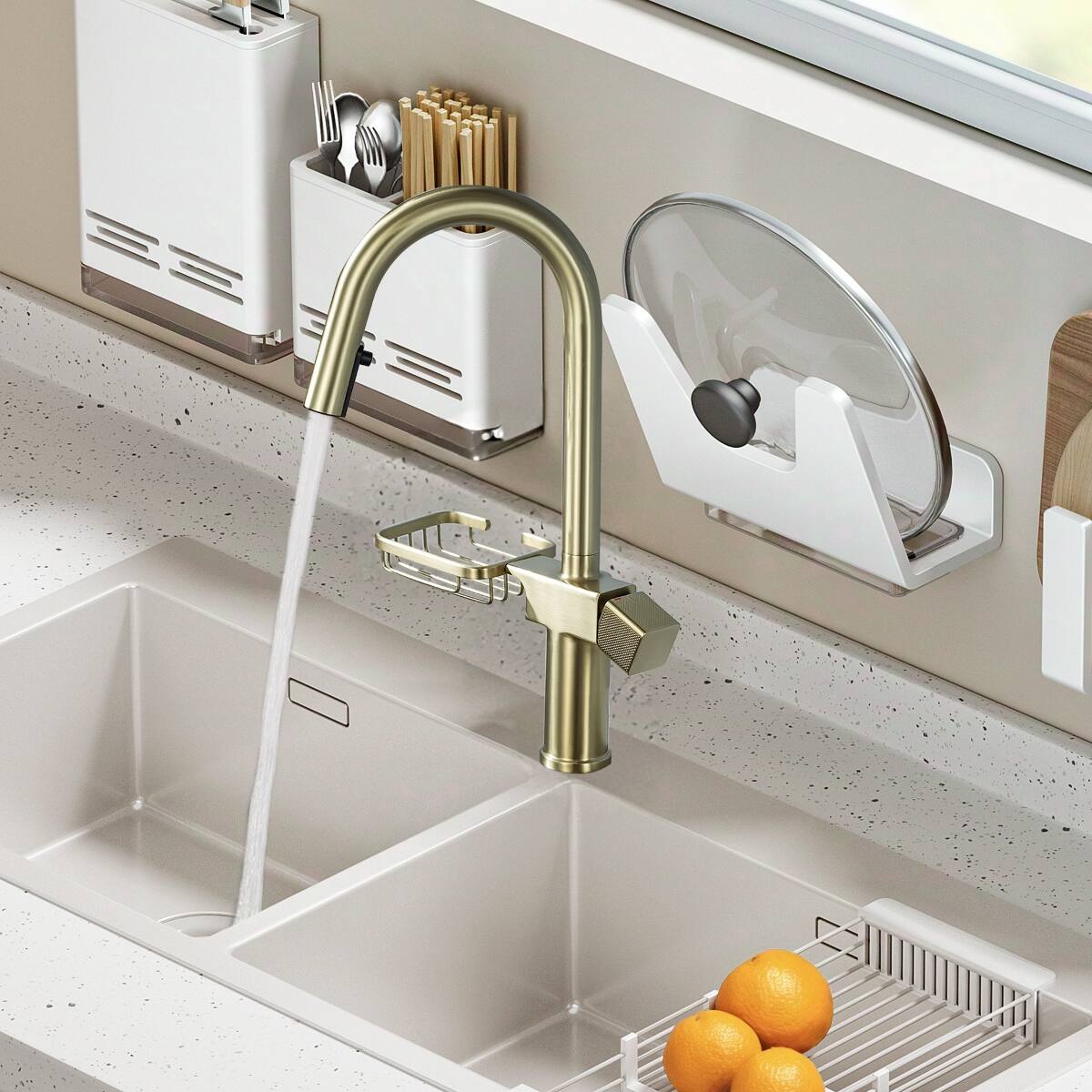 Angle. Ropilly - Ropilly Pull Down Kitchen Faucet Brushed Gold Single Hole High Arc Sink Faucet with Storage Shelf - Brushed Gold.