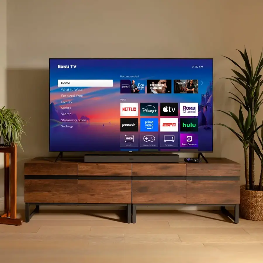 Roku TV 9:25 pm Recommended Home What to Watch Netflix Disney+ tv Roku Channel Streaming Store Settings Peacock Prime Video ESPN Hulu Live TV Sports Search Apps