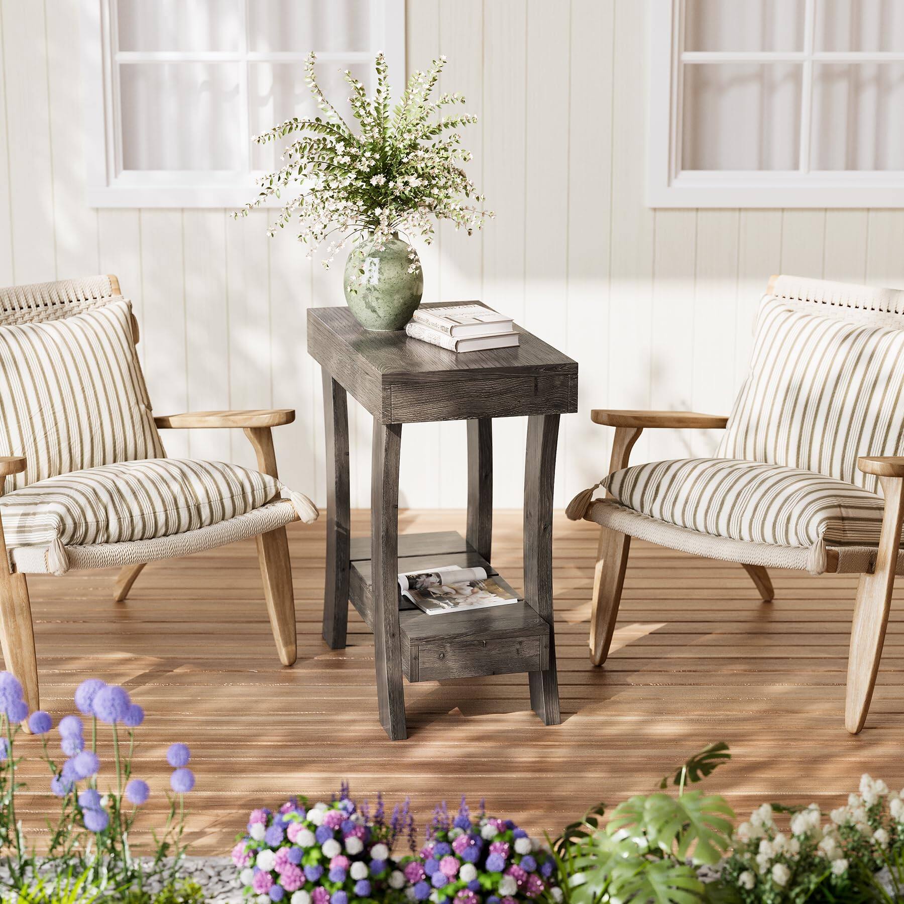 Alt View 2. Tribesigns - LITTLE TREE Narrow Side Table with Storage, 2-Tier Rectangular End Table - Grey.