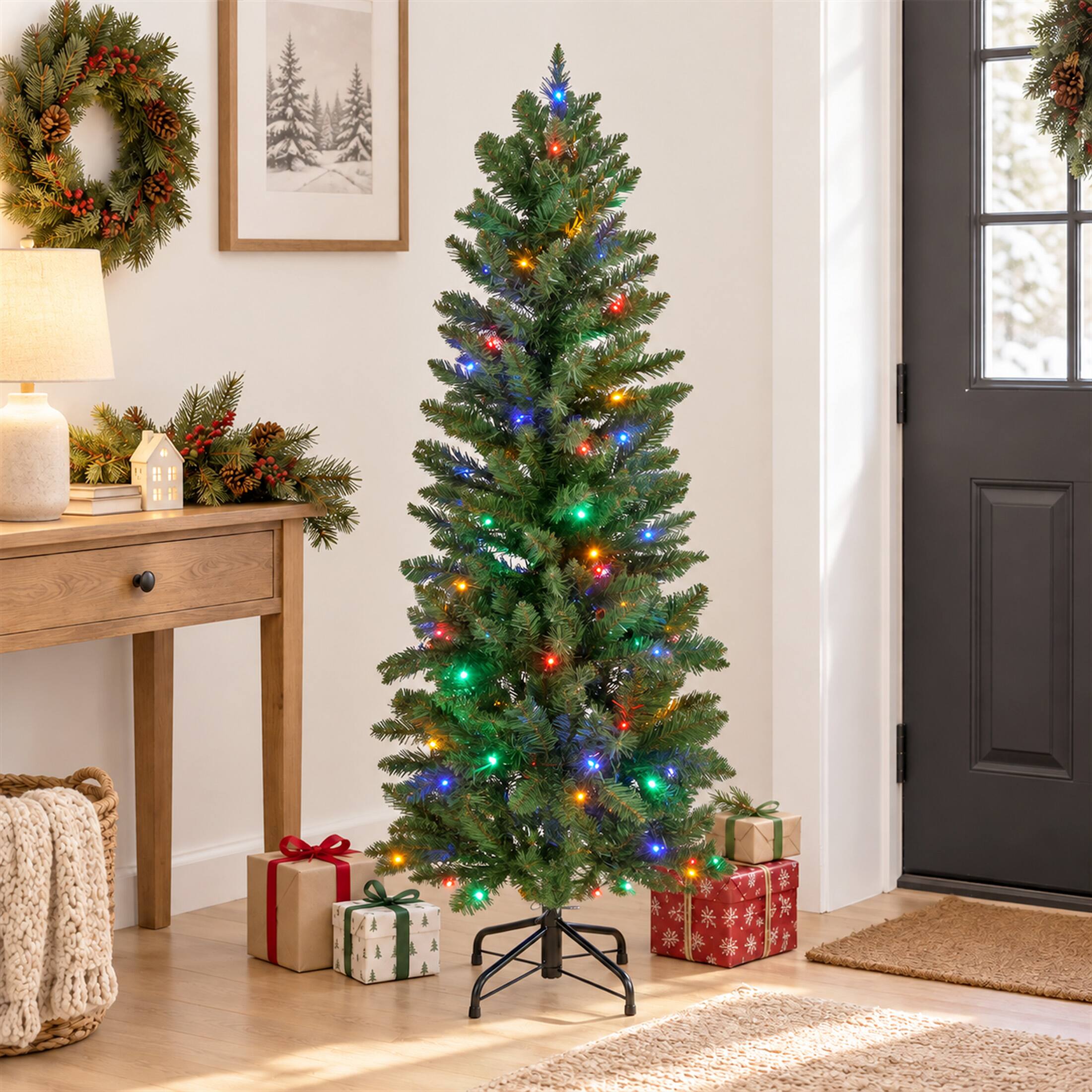 Alt View 3. Sweetcrispy - Pre-lit Slim Hinged Christmas Tree with Multicolor LED Lights - Green.
