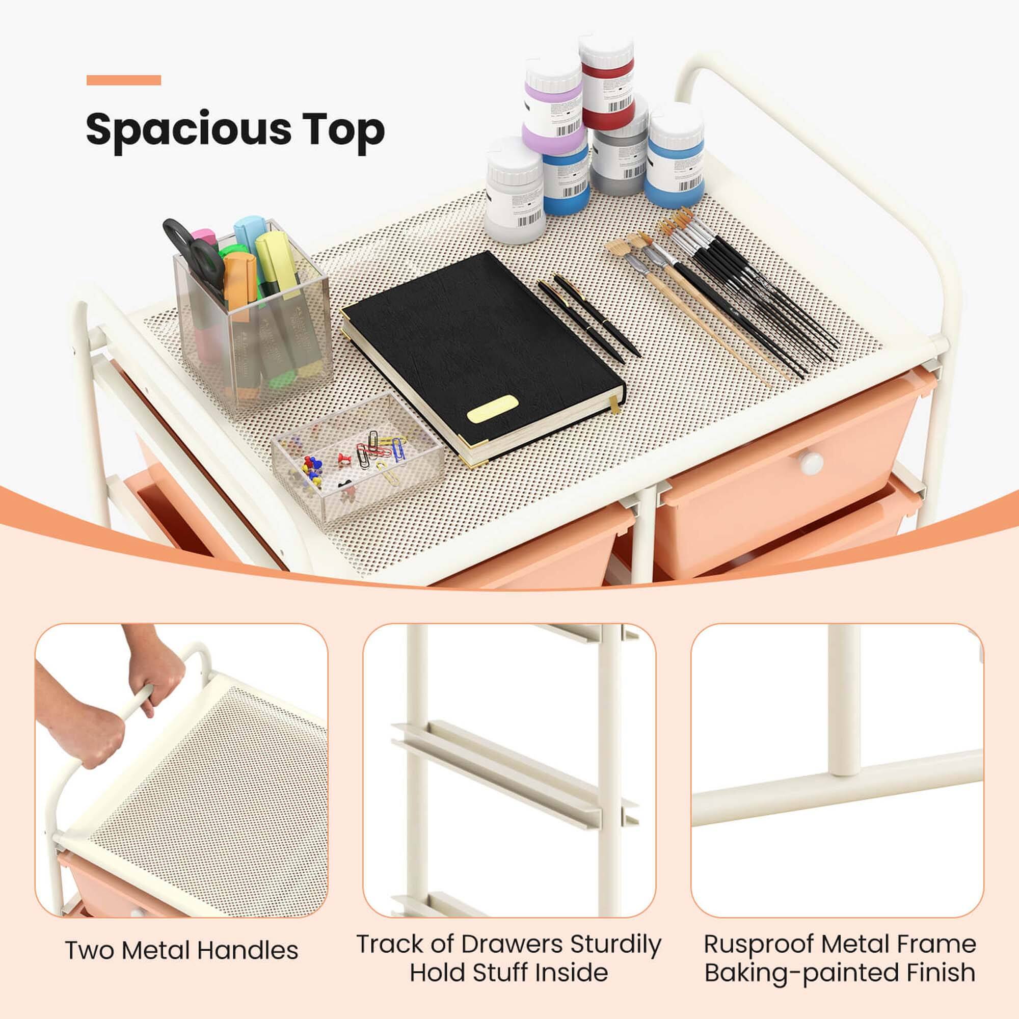 Spacious Top, Two Metal Handles, Track of Drawers Sturdily Hold Stuff Inside, Rustproof Metal Frame Baking-painted Finish