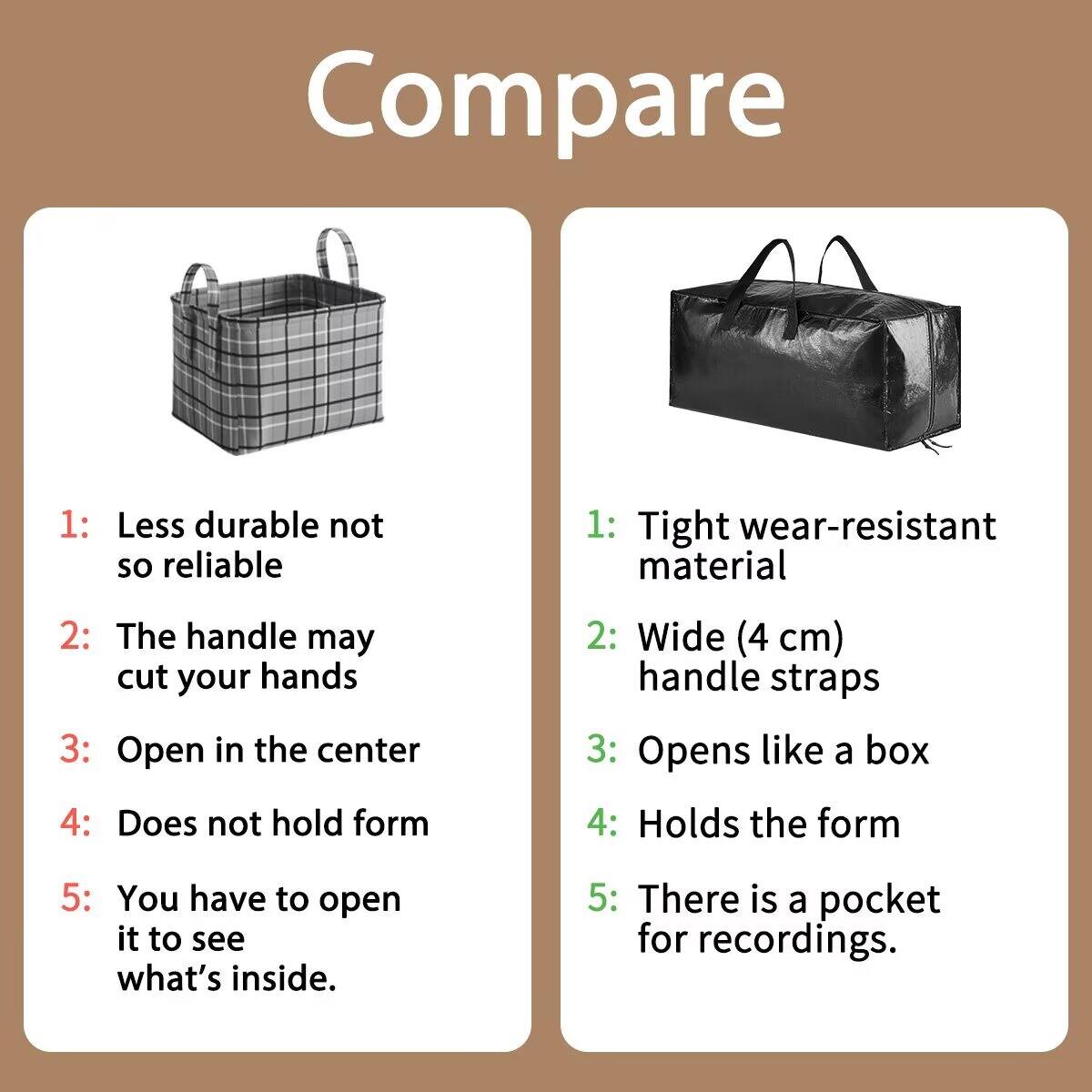 Compare

1: Less durable not so reliable
2: The handle may cut your hands
3: Open in the center
4: Does not hold form
5: You have to open it to see what's inside.

1: Tight wear-resistant material
2: Wide (4 cm) handle straps
3: Opens like a box
4: Holds the form
5: There is a pocket for recordings.