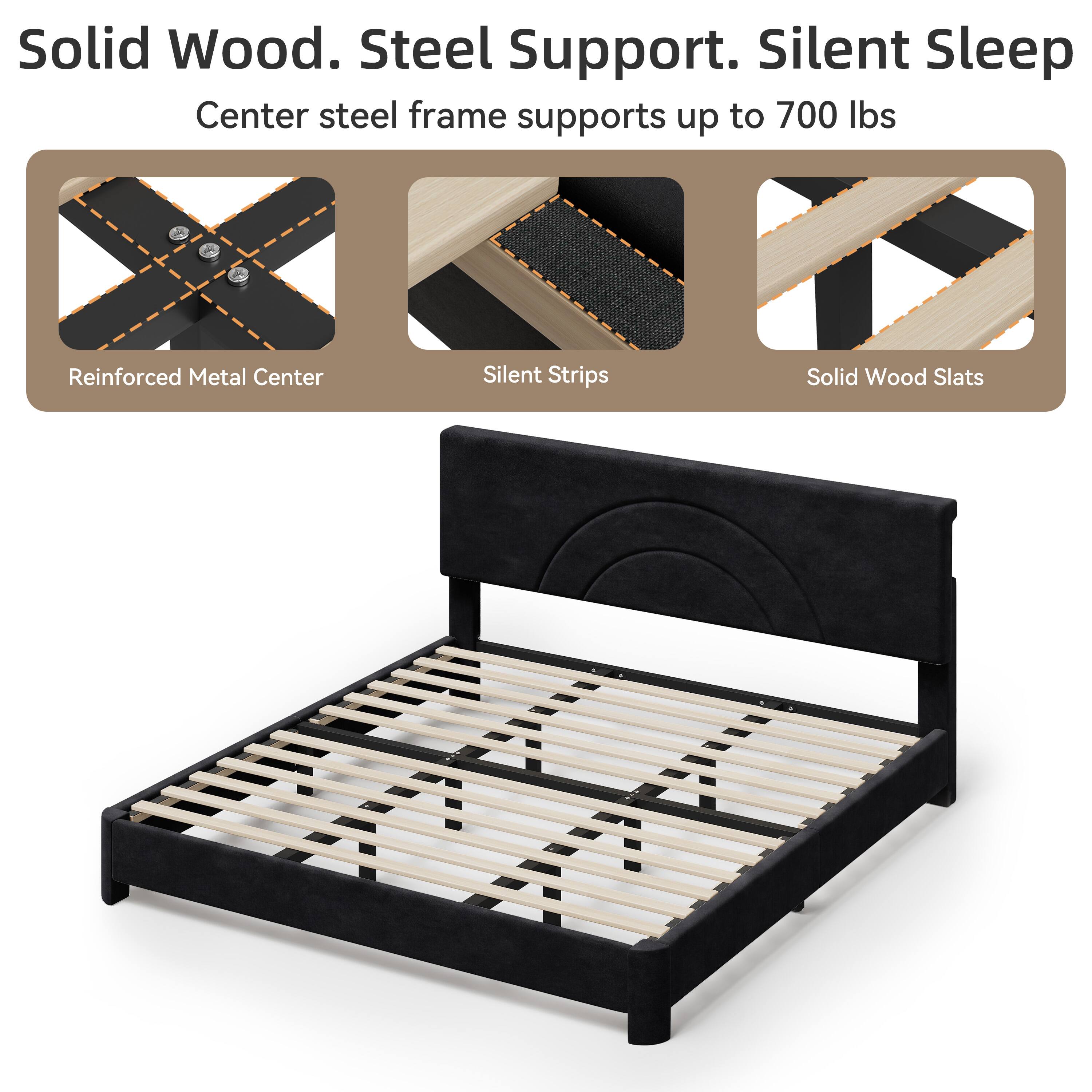 Vipbear Velvet Upholstered Bed Frame with Solid Wood Slats, Platform ...
