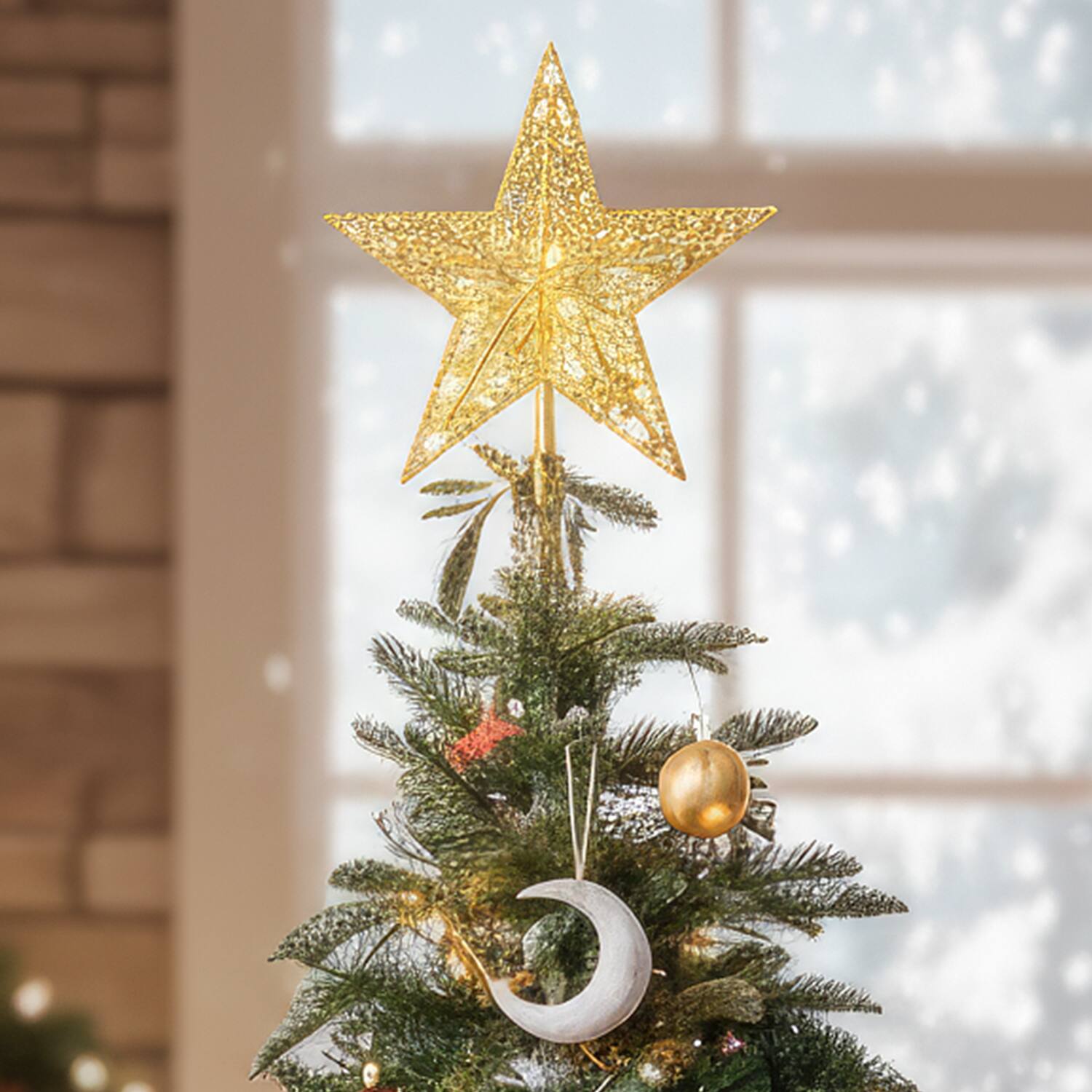 FC Design - Lighted Star Christmas Tree Topper with Decorative Ornament & Easy-Mount Base, LED Light - Gold