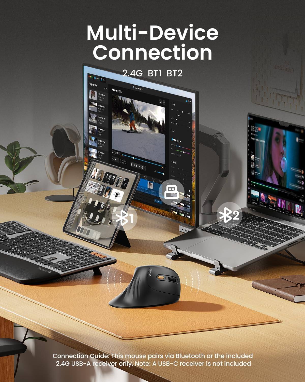 Multi-Device Connection  
2.4G BT1 BT2  

Connection Guide: This mouse pairs via Bluetooth or the included 2.4G USB-A receiver only. Note: A USB-C receiver is not included