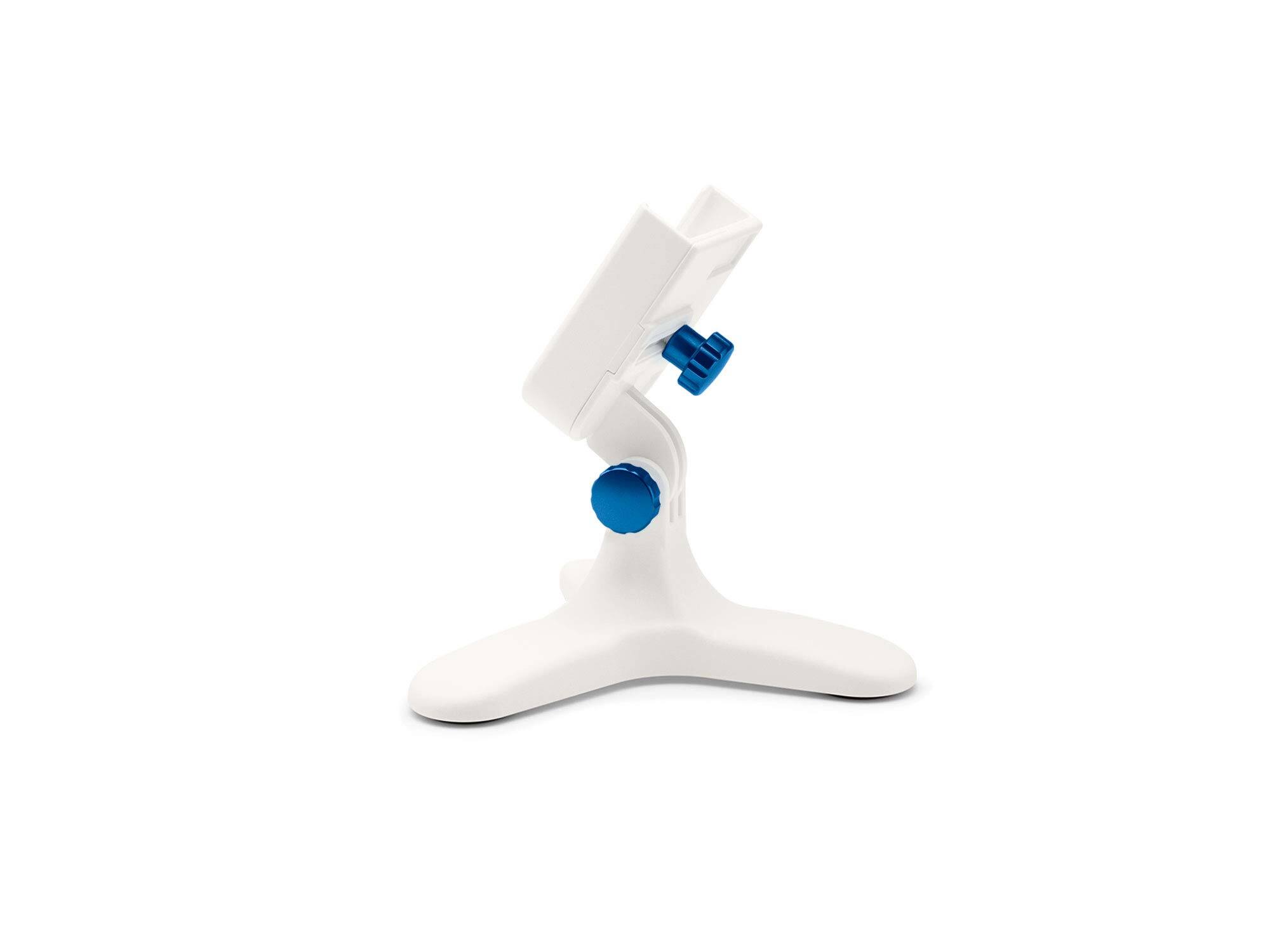 Front. WeatherTech - DeskFone | Adjustable & Secure Fit Universal Desktop Cell Phone Holder – White Body – Royal Blue Metal Knobs - White/Royal Blue Metal.