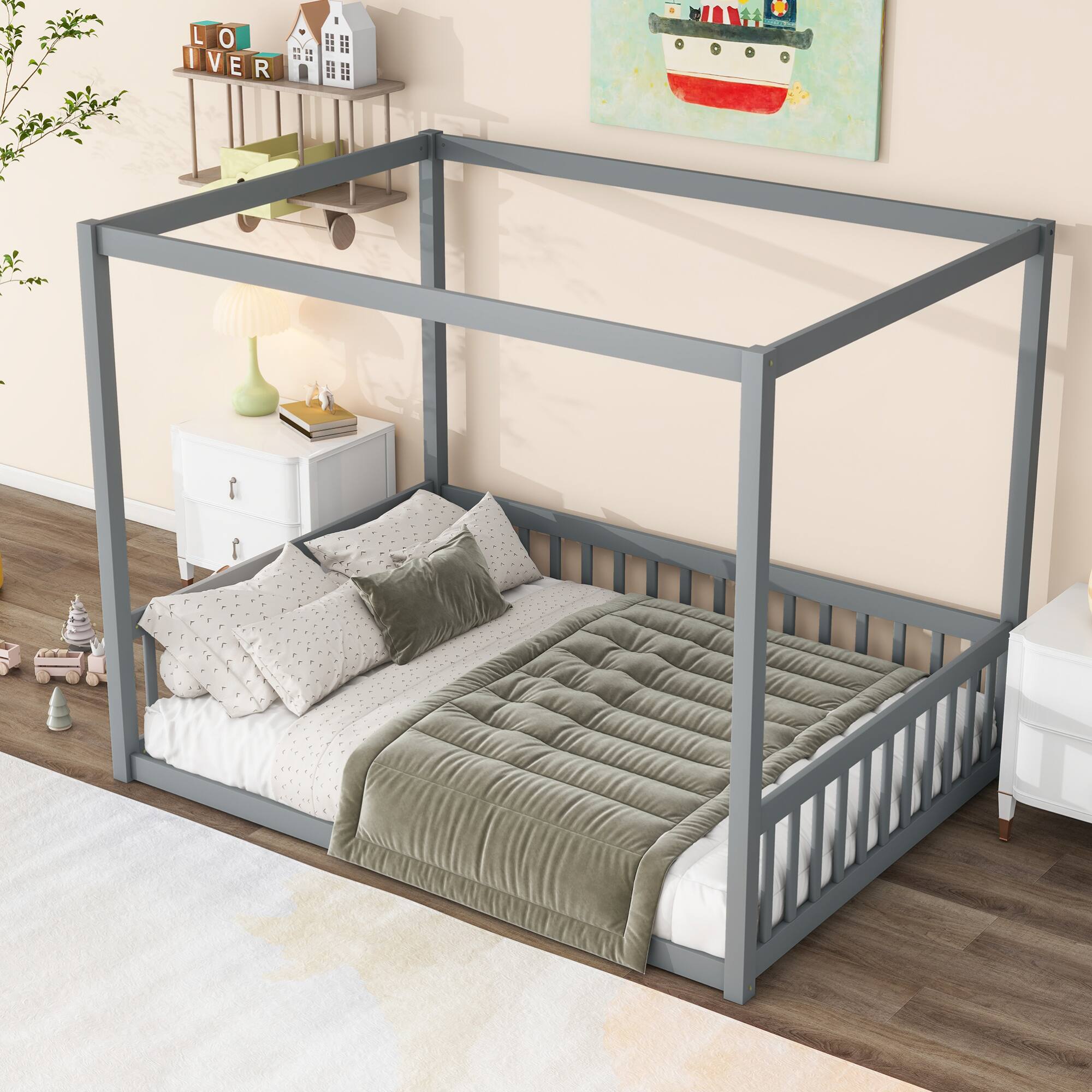 Alt View 2. GOODSILO - Full Size Canopy Frame Floor Bed with Safety Guardrails - Grey.