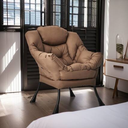 Front. Pefilos - Polyester Fabric Large Lazy Chair, Modern Accent Oversized Comfy Reading with Steel Frame and Side Pocket, for Living - Brown.