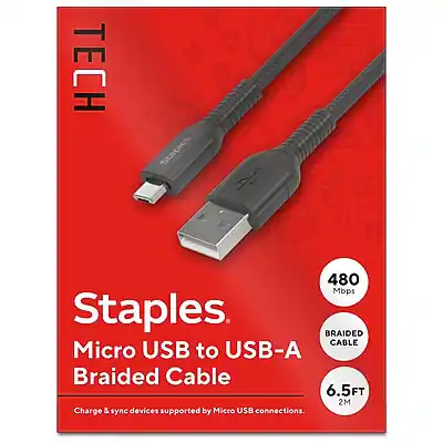 TECH Staples
Micro USB to USB-A Braided Cable
480 Mbps
6.5FT (2M)
Charge & sync devices supported by Micro USB connections.