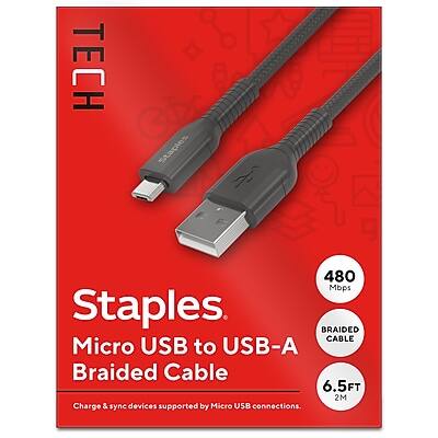 TECH Staples  
Micro USB to USB-A Braided Cable  
480 Mbps  
6.5FT (2M)  
Charge & sync devices supported by Micro USB connections.