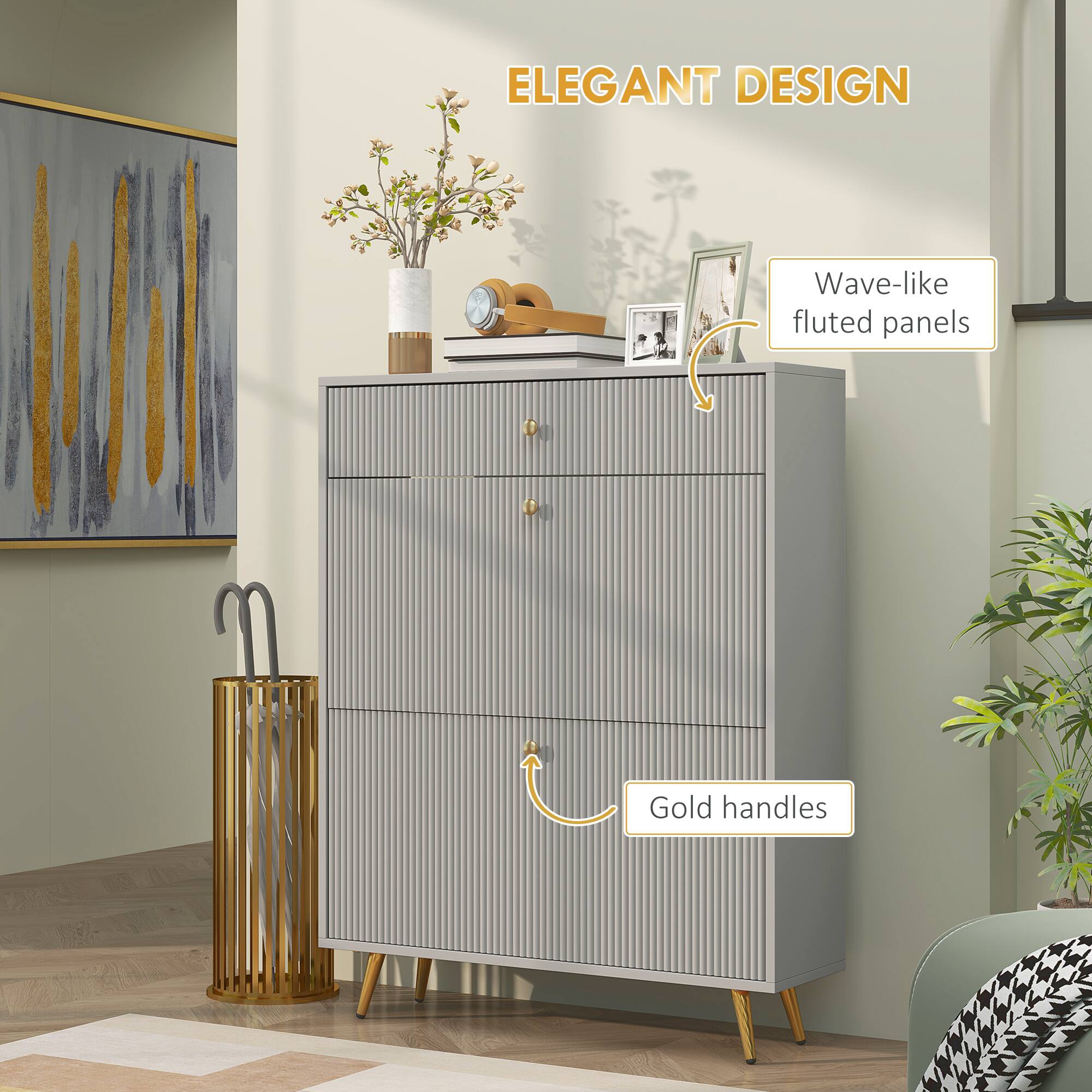 ELEGANT DESIGN
Wave-like fluted panels
Gold handles