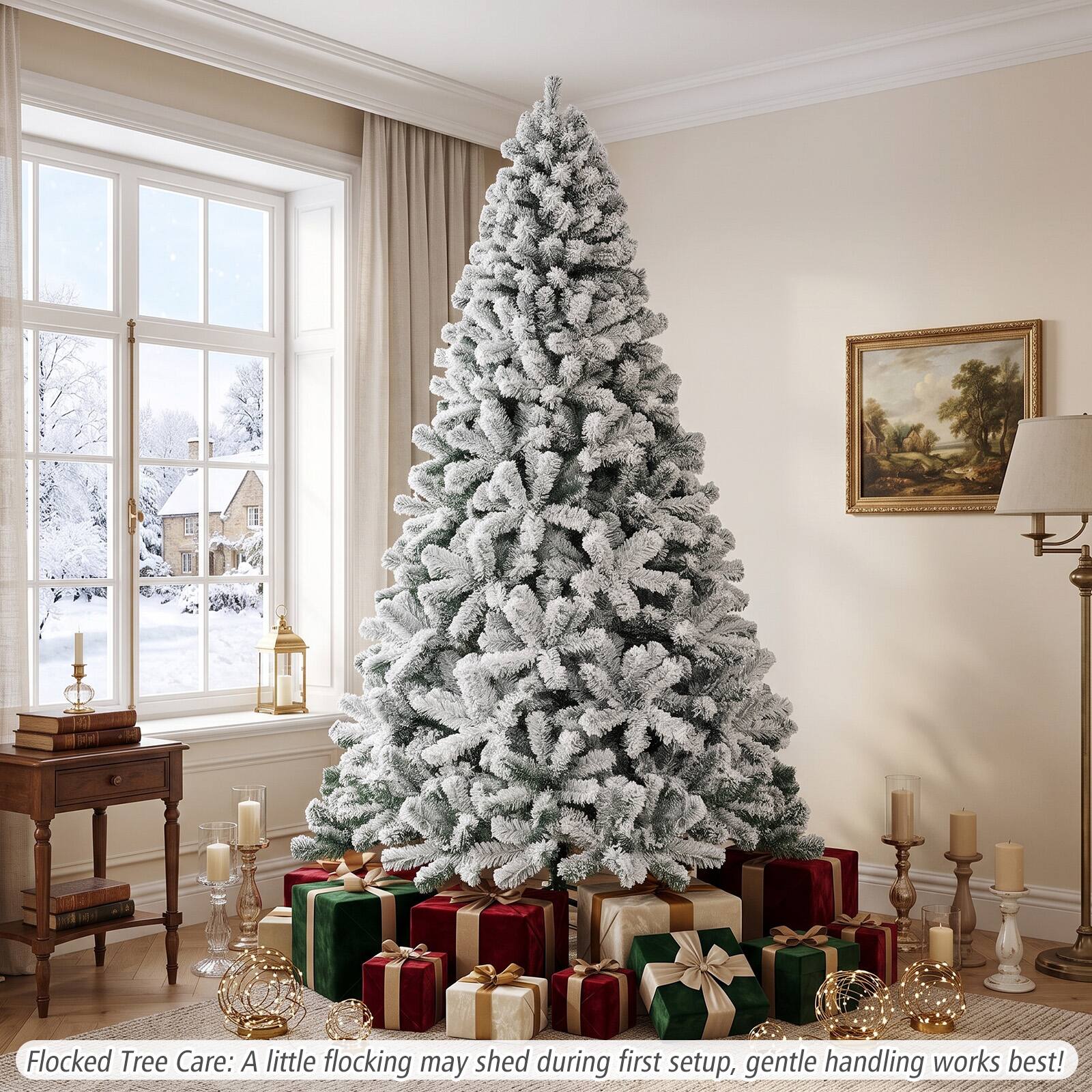 Flocked Tree Care: A little flocking may shed during first setup, gentle handling works best!