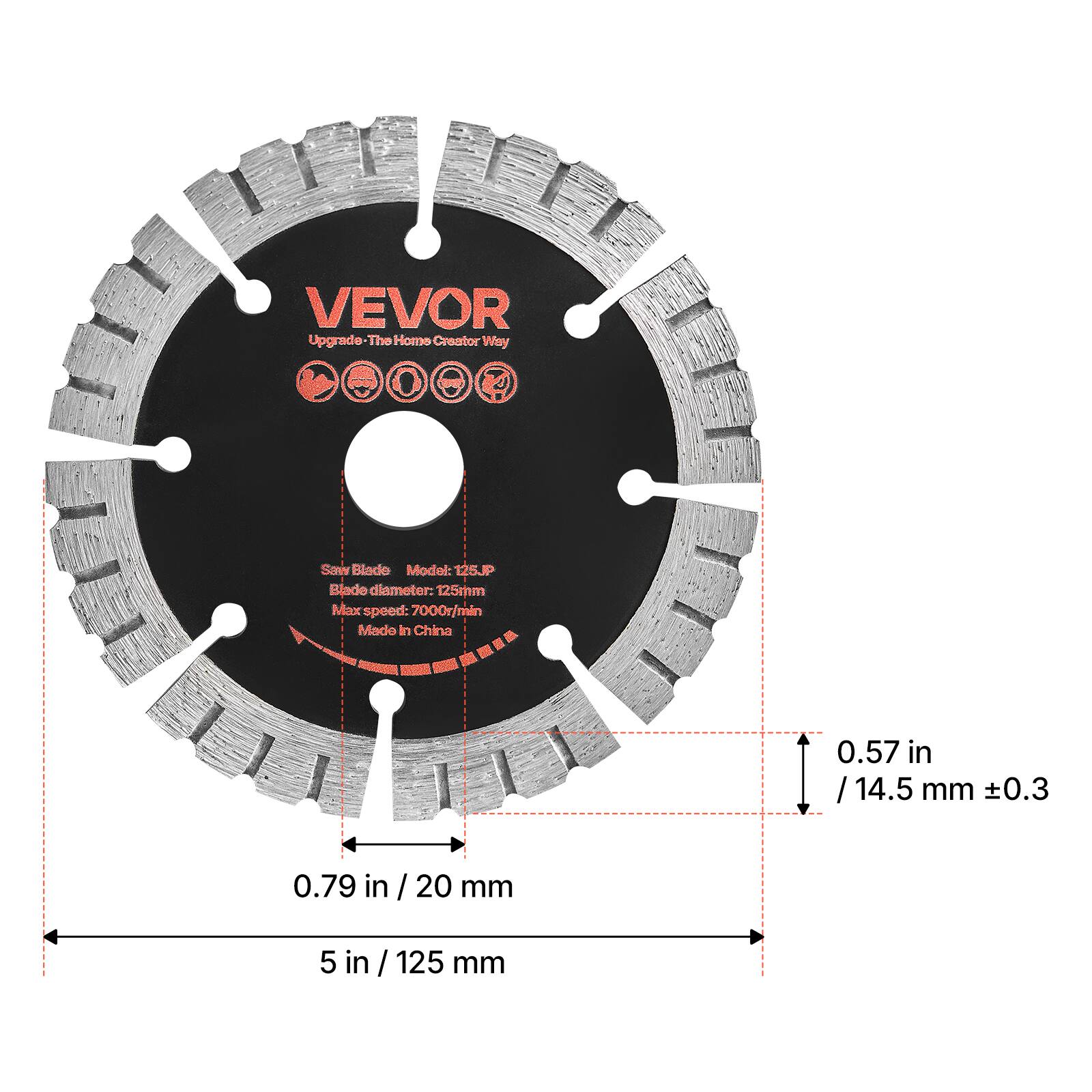 VEVOR Upgrade-The Home Creator Way  
Saw Blade  
Model: 125JP  
Blade diameter: 125mm  
Max speed: 7000r/min  
Made in China  

0.57 in / 14.5 mm ±0.3  
0.79 in / 20 mm  
5 in / 125 mm