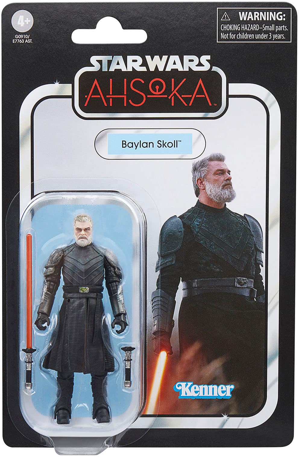 The text on the image reads: "WARNING: CHOKING HAZARD-Small parts. Not for children under 3 years. STARWARS AHSOKA Baylan Skoll Kenner."