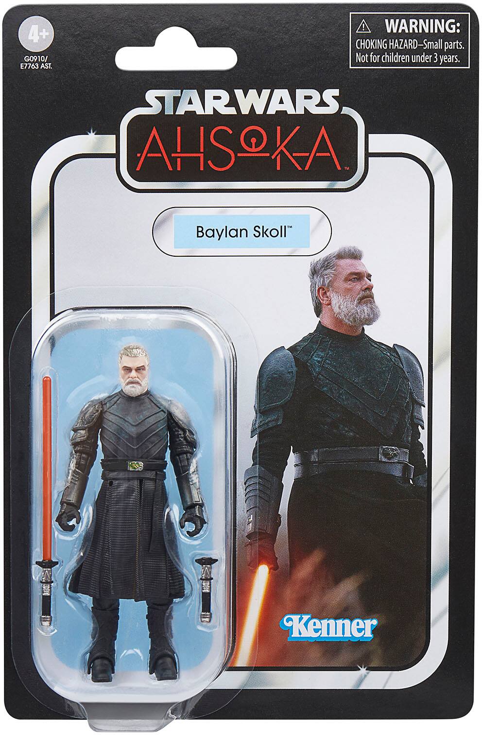 The text on the image reads: "WARNING: CHOKING HAZARD-Small parts. Not for children under 3 years. STARWARS AHSOKA Baylan Skoll Kenner."