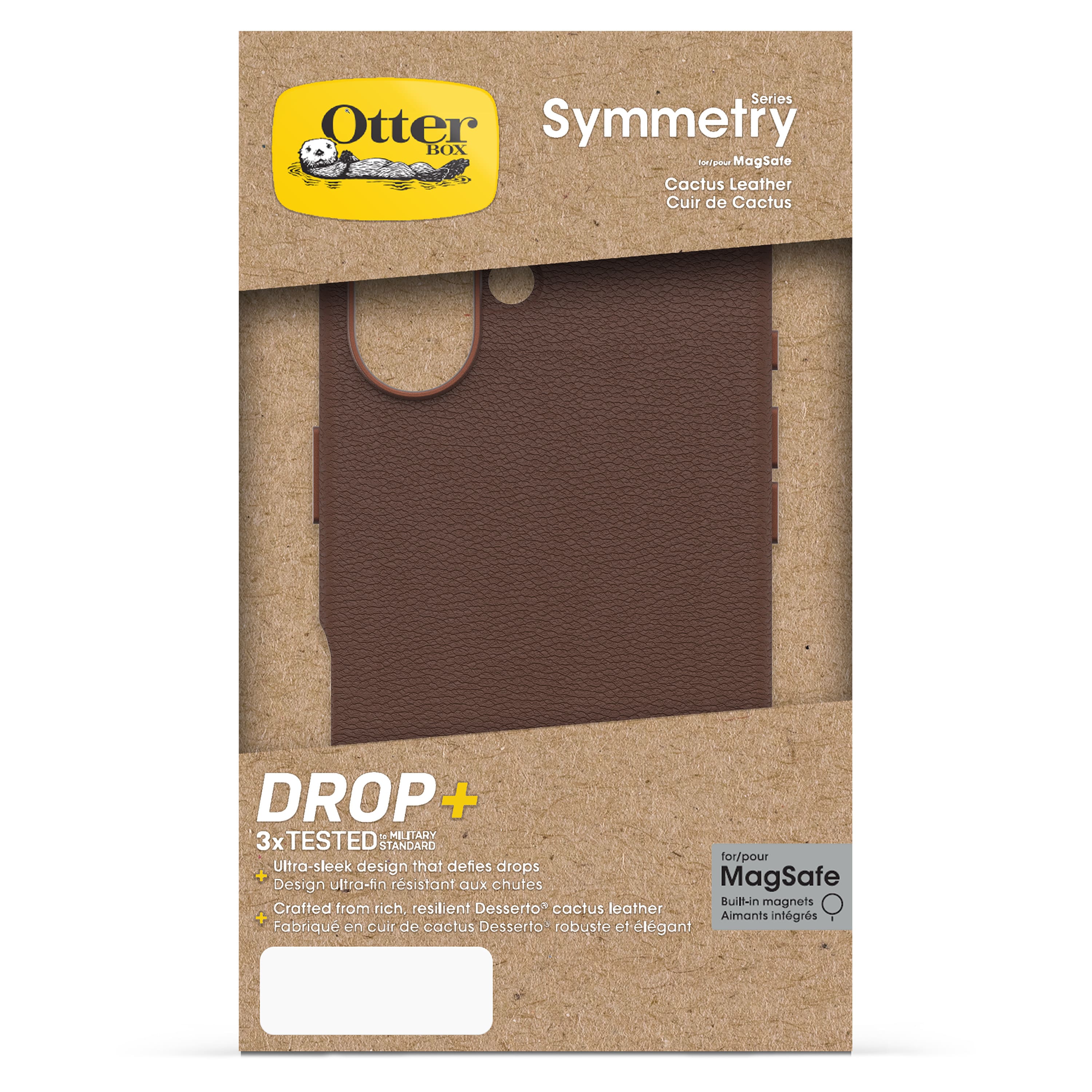 Series Otter Symmetry BOX Aa - MagSate Cactus Leather Cuir de Cactus DROP + MILITARY 3x TESTED STANDARD for/pour Ultra-sleek design that defes drops + MagSafe Design ultra-fin rsistant aux chufes BuiB-in magnets Crafted from rich resilient Desserto cactus leather Aimants intgrs Fabrique en cuir de cactus Desserto robuste e1 lgant.