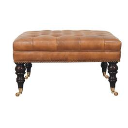 Artisan Furniture - Solid Wood Studded Buffalo Tan Leather Ottoman with Castor Legs, Upholstered - Brown