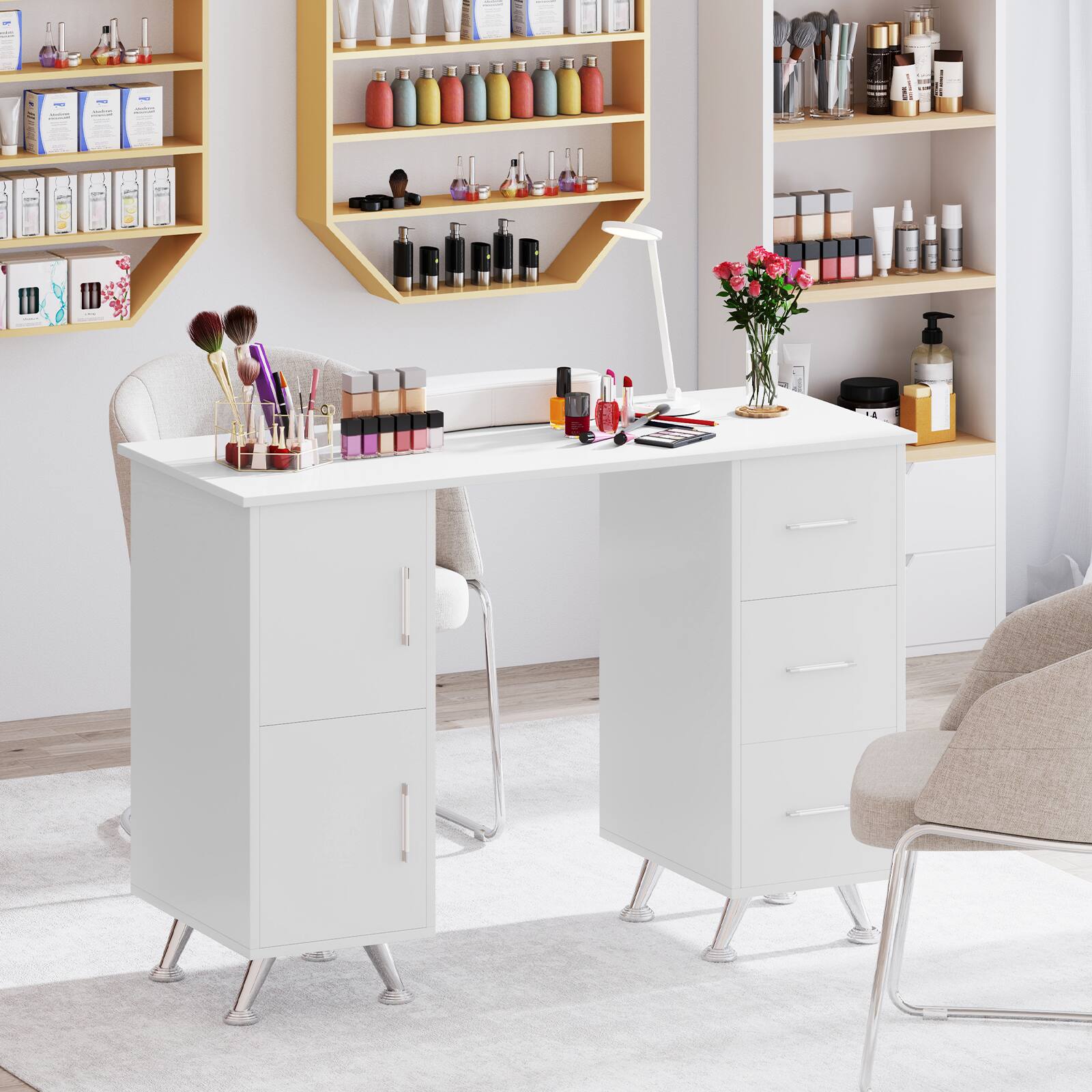 Alt View 1. Gymax - Gymax Manicure Table Nail Desk w/ Drawers Wrist Rest Metal Legs Nail Tech Station White - White.