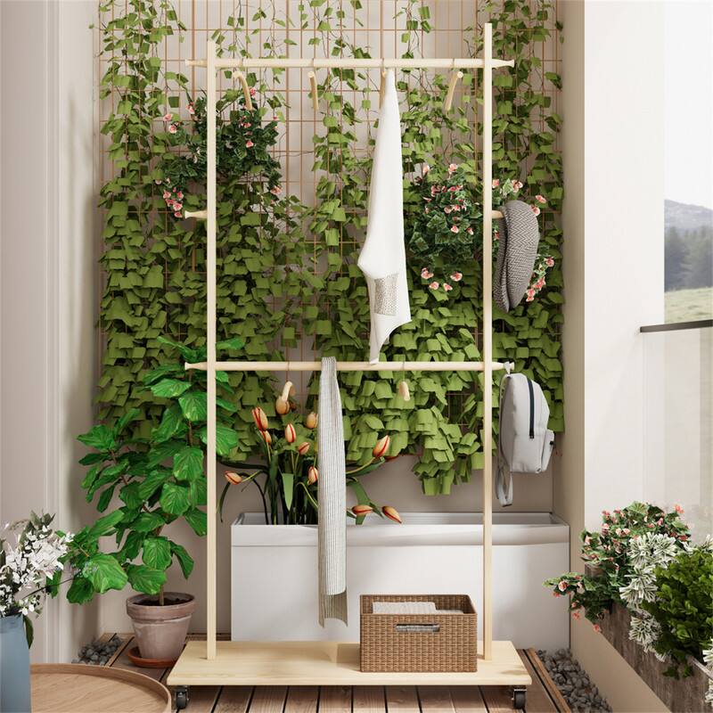 Alt View 1. ALEXOUN - Solid Wood Garment Clothes Drying Rack with 6 Wooden Hangers - Space-Saving , Adjustable Shelf &  Wheels for Bedroom - Beige.