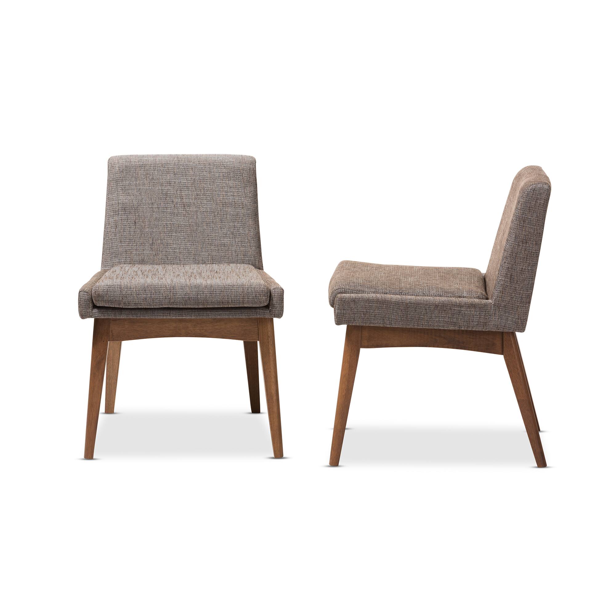 Left. Baxton Studio - Nexus Mid-Century Modern Walnut Wood Finishing and Gravel Fabric Upholstered Dining Side Chair - "Gravel" Multi Color/"Walnut" Brown.
