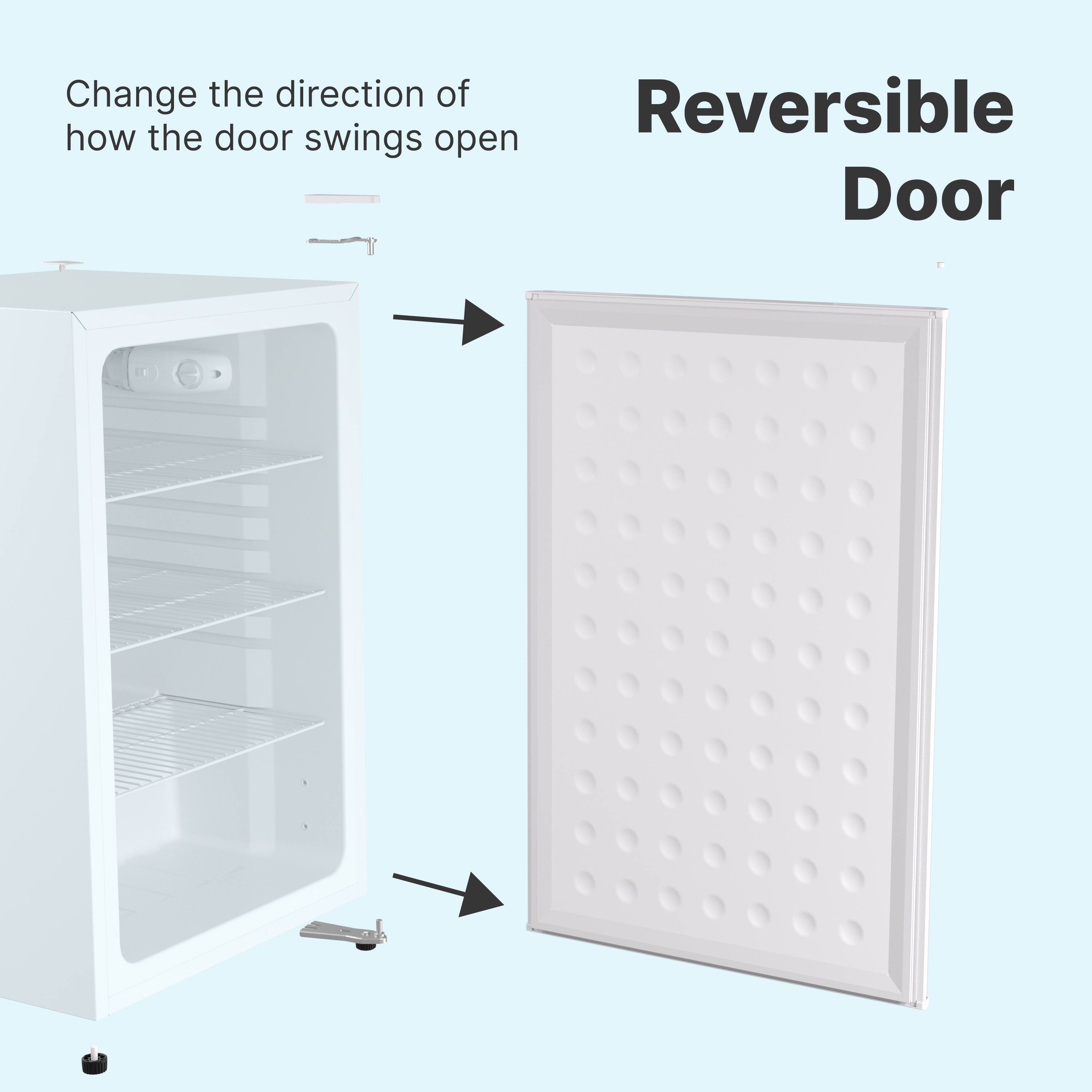 Change the direction of how the door swings open

Reversible Door